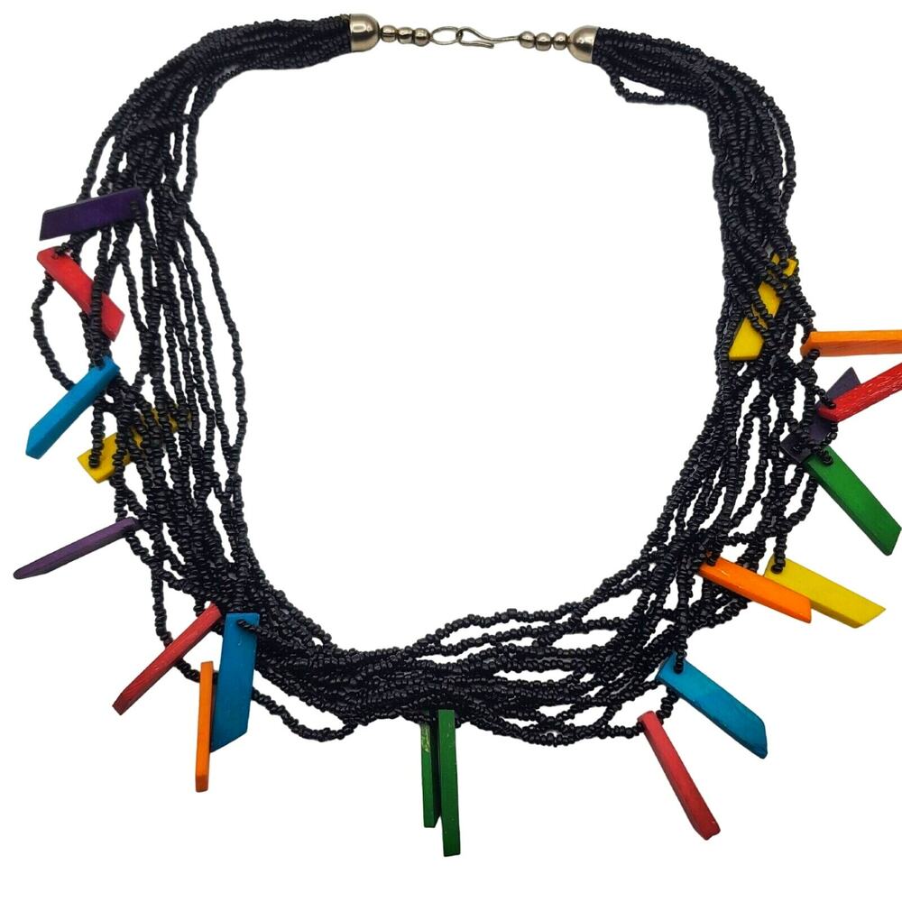 Black Seed Bead Necklace Multi Strand Rainbow Wood Spike Fringe Boho Tribal 80s